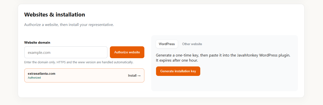 Website installation tools for authorizing and installing Java Monkey on a website