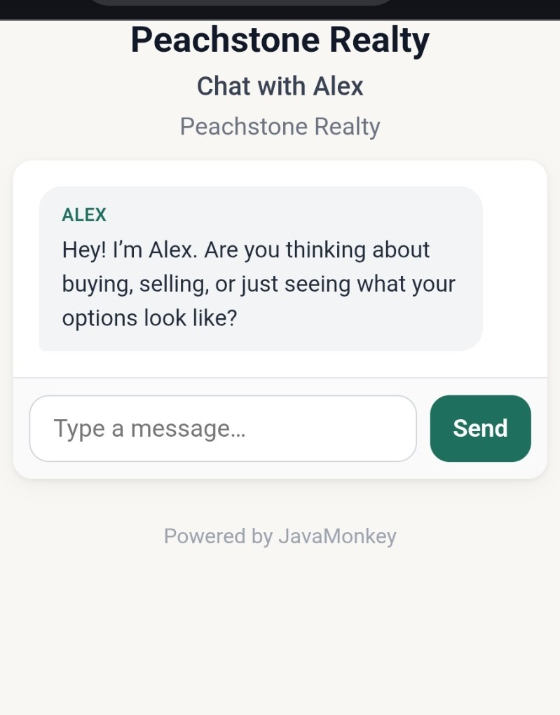 Peachstone Realty mobile chat page showing Alex the AI real estate rep